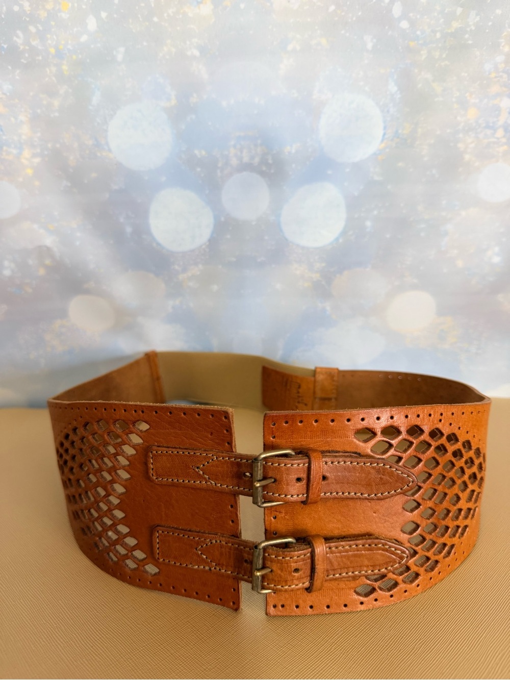 Motif 56 Ladies Wide Tan Leather Waist Belt with Buckle Detail - Size L